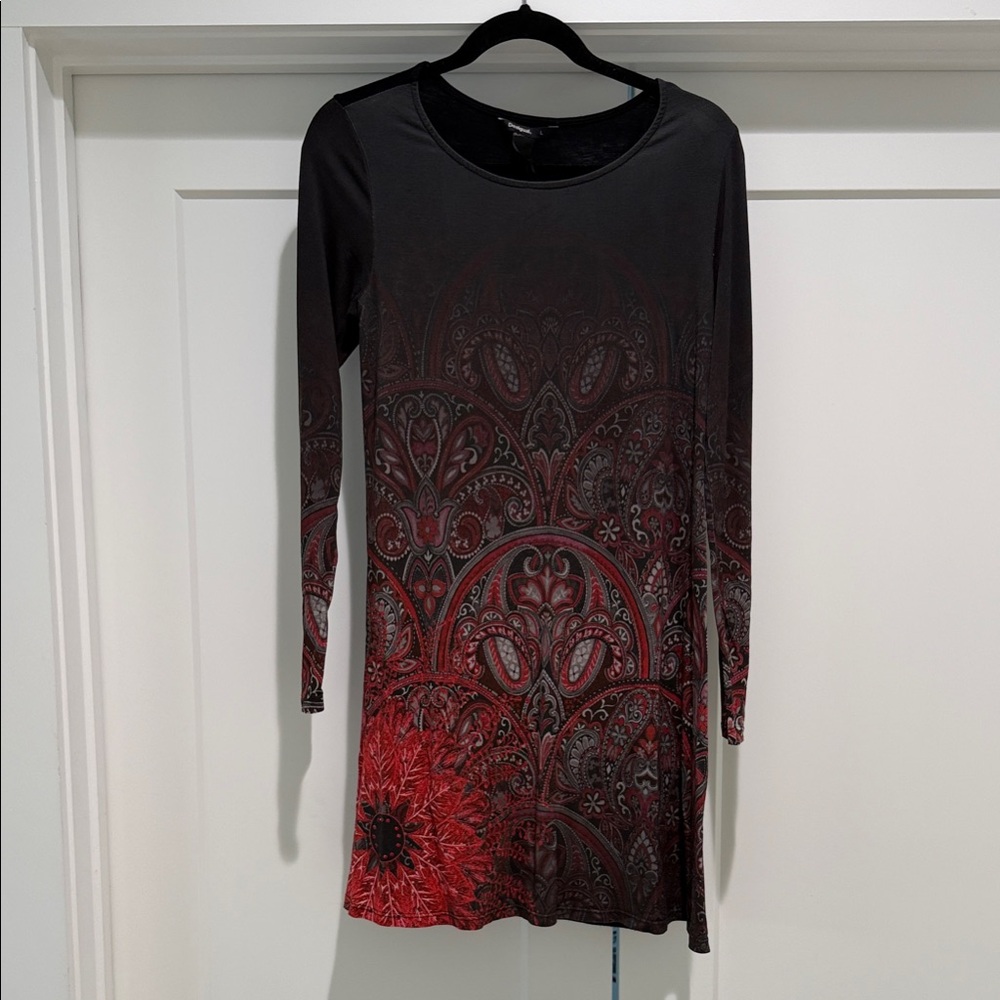 Long Sleeve Red Patterned Women's Dress